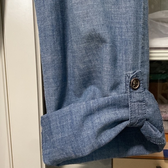 Blue Chambray Straight Leg Drawstring Capri Relaxed Fit Bohemian Pockets Pants - Picture 15 of 16